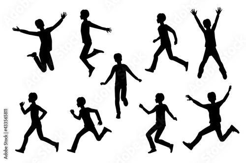 Nine isolated vector silhouettes of a teenager boy running. jumping  dancing  raising hands