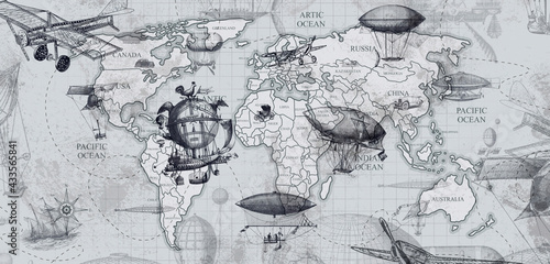 Fototapeta balony, samoloty i samochody na mapie świata