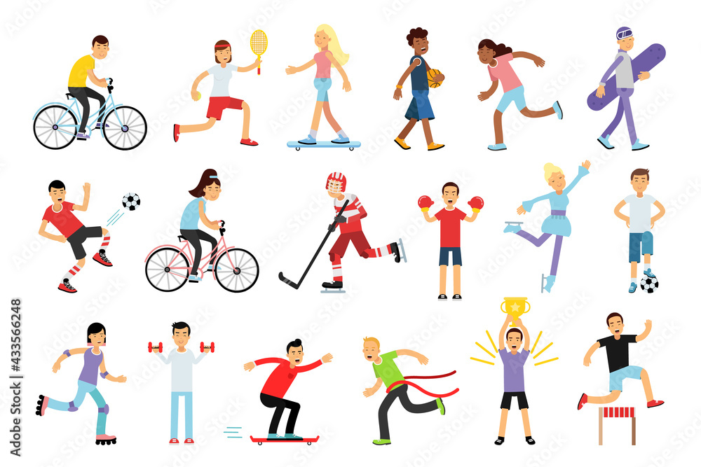 Young Energetic Man and Woman Doing Sport Activity Vector Illustration Set