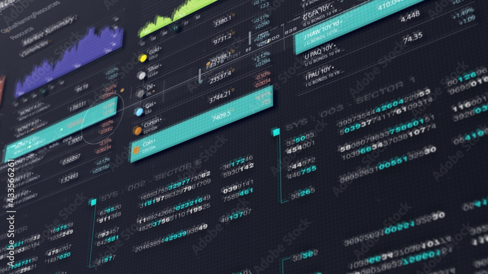 Business stock market, trading, info graphic with animated graphs, charts and data numbers insight analysis to be shown on monitor display screen for business meeting mock up theme