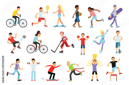 Young Energetic Man and Woman Doing Sport Activity Vector Illustration Set