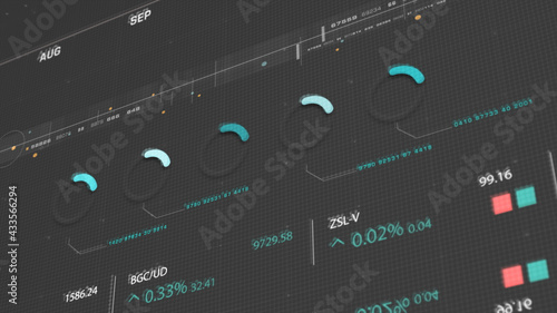 Business stock market, trading, info graphic with animated graphs, charts and data numbers insight analysis to be shown on monitor display screen for business meeting mock up theme photo