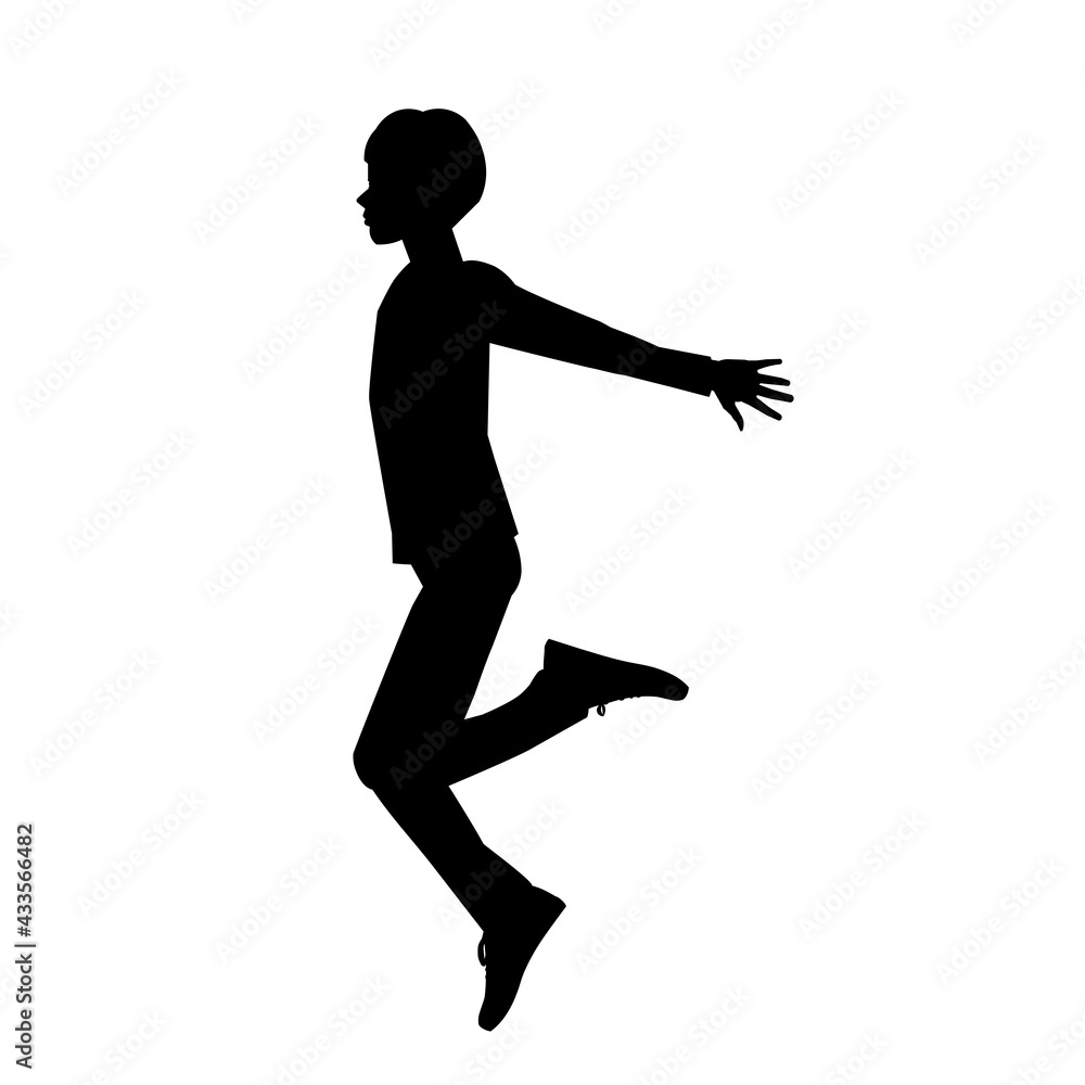 Vector isolated silhouette teenage boy jumping with his hands holding back