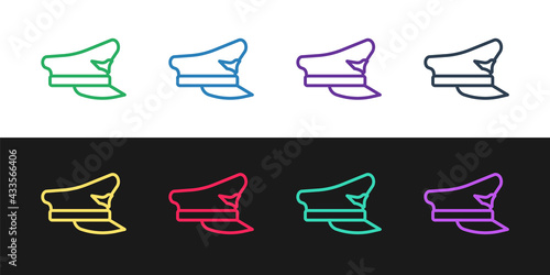 Set line Pilot hat icon isolated on black and white background. Vector