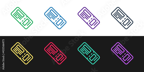 Set line Airline ticket icon isolated on black and white background. Plane ticket. Vector