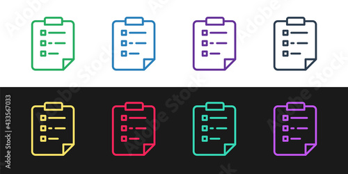 Set line Clipboard with checklist icon isolated on black and white background. Control list symbol. Survey poll or questionnaire feedback form. Vector