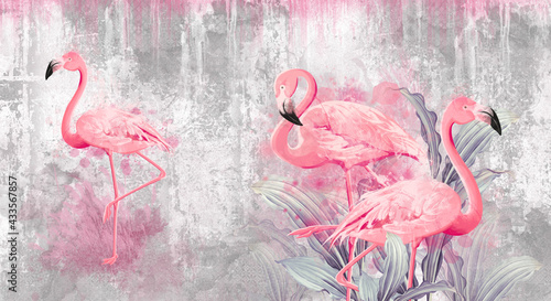 Fototapeta flamingi na betonowym jasnym tle