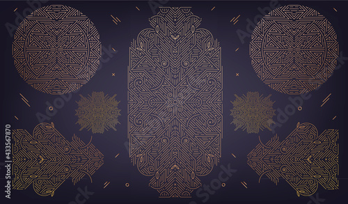 Vector set of monogram design in vintage and mono line style with space for text - abstract golden geometric frames, luxury packaging templates. ad, poster, card, cover. Art deco