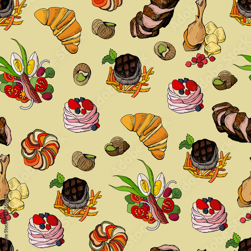 Seamless pattern with French cuisine dishes. Design for cafes, fabrics, textiles, wallpapers, packaging.