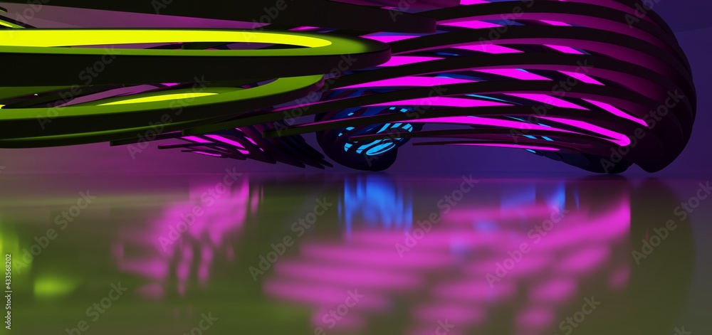 Abstract architectural minimalistic background. Laser show in the ultraviolet spectrum. Modern impulse tunnel. Futuristic space sci-fi frame neon backlight. 3D illustration and rendering.