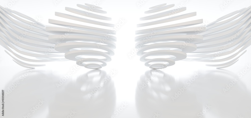 Luxury white abstract architectural minimalistic background. Contemporary showroom. Modern exhibition stand. Empty gallery. Backlight. Polygonal Graphic Design. 3D illustration and rendering.