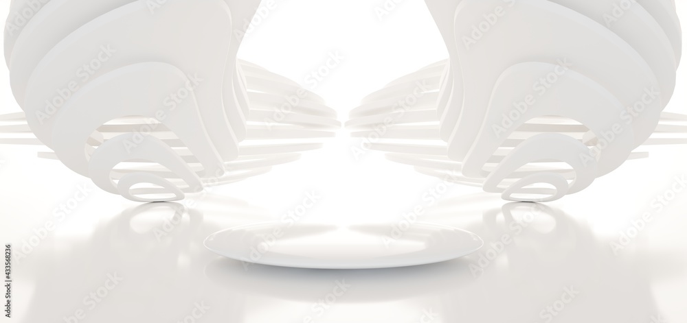 Luxury white abstract architectural minimalistic background. Contemporary showroom. Modern exhibition stand. Empty gallery. Backlight. Polygonal Graphic Design. 3D illustration and rendering.