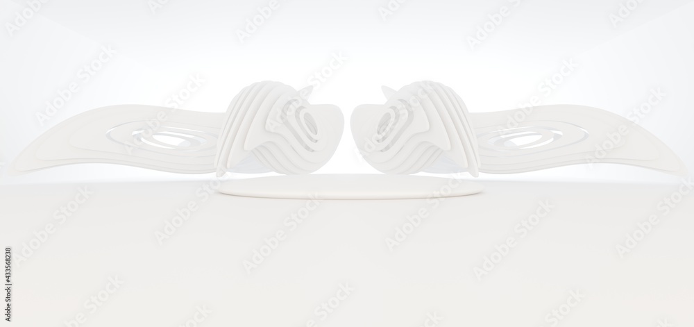 Luxury white abstract architectural minimalistic background. Contemporary showroom. Modern exhibition stand. Empty gallery. Backlight. Polygonal Graphic Design. 3D illustration and rendering.