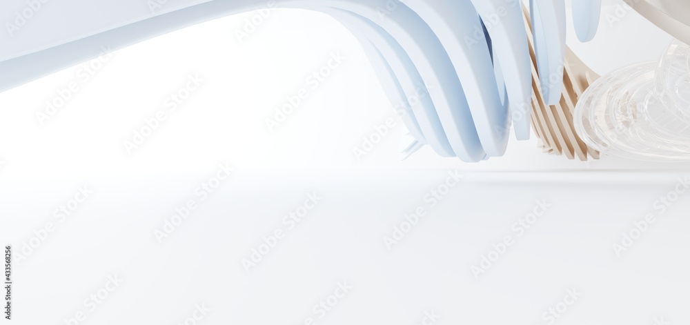 Luxury parametric abstract architectural minimalistic background. Contemporary showroom. Modern colored glass exhibition tunnel. Empty gallery. Backlight. 3D illustration and rendering.
