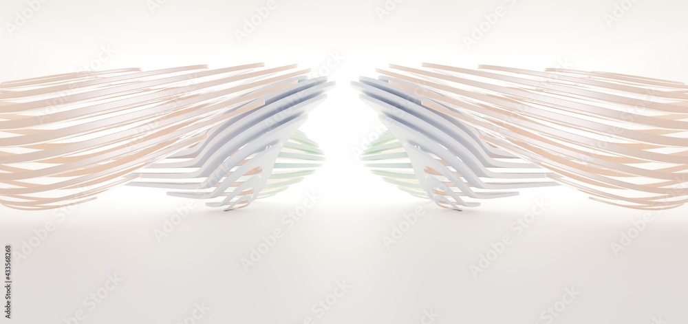 Luxury parametric abstract architectural minimalistic background. Contemporary showroom. Modern colored glass exhibition tunnel. Empty gallery. Backlight. 3D illustration and rendering.