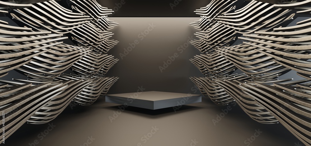 Luxury parametric abstract architectural minimalistic background. Contemporary showroom. Modern black exhibition tunnel. Empty gallery. Stand, table. Interior backlight. 3D illustration and rendering.