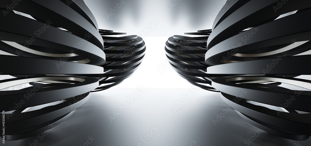 Luxury parametric abstract architectural minimalistic background. Contemporary showroom. Modern black exhibition tunnel. Empty gallery. Stand, table. Interior backlight. 3D illustration and rendering.