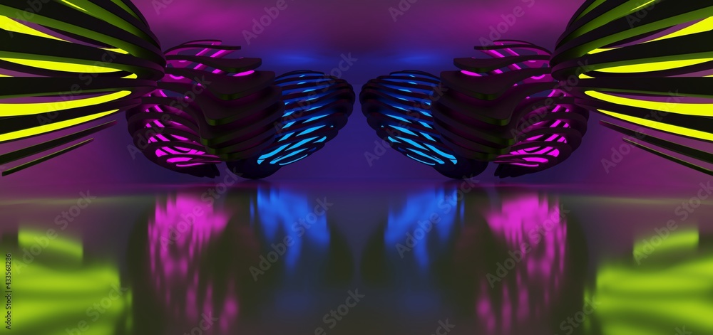 Abstract architectural minimalistic background. Laser show in the ultraviolet spectrum. Modern impulse tunnel. Futuristic space sci-fi frame neon backlight. 3D illustration and rendering.