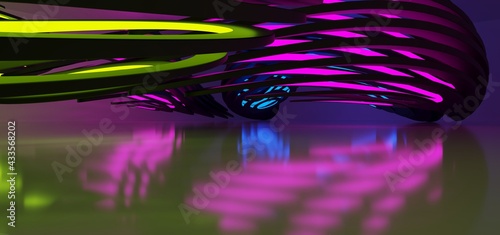 Obraz na płótnie Abstract architectural minimalistic background. Laser show in the ultraviolet spectrum. Modern impulse tunnel. Futuristic space sci-fi frame neon backlight. 3D illustration and rendering. w salonie
