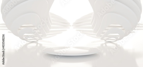 Obraz na płótnie Luxury white abstract architectural minimalistic background. Contemporary showroom. Modern exhibition stand. Empty gallery. Backlight. Polygonal Graphic Design. 3D illustration and rendering. w salonie