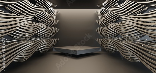 Obraz na płótnie Luxury parametric abstract architectural minimalistic background. Contemporary showroom. Modern black exhibition tunnel. Empty gallery. Stand, table. Interior backlight. 3D illustration and rendering. w salonie