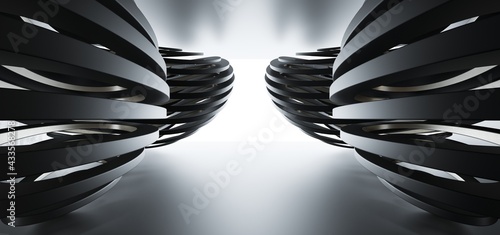 Luxury parametric abstract architectural minimalistic background. Contemporary showroom. Modern black exhibition tunnel. Empty gallery. Stand, table. Interior backlight. 3D illustration and rendering.