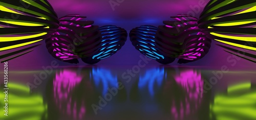 Obraz na płótnie Abstract architectural minimalistic background. Laser show in the ultraviolet spectrum. Modern impulse tunnel. Futuristic space sci-fi frame neon backlight. 3D illustration and rendering. w salonie