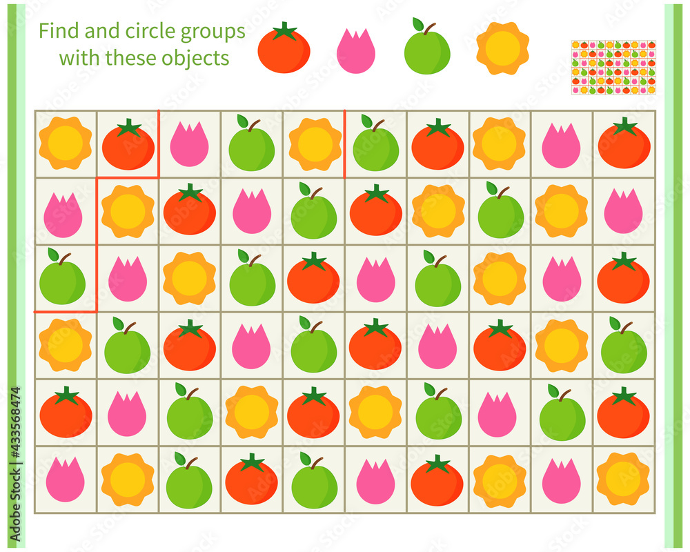 Logic game for children. Divide and circle the groups with the objects shown at the top Logic game for children. Divide and circle the groups with the objects shown at the top