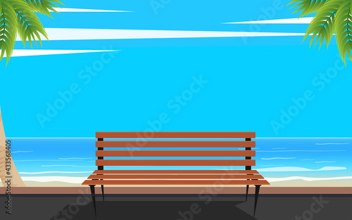 landscape with a wooden bench on the beach in summer
