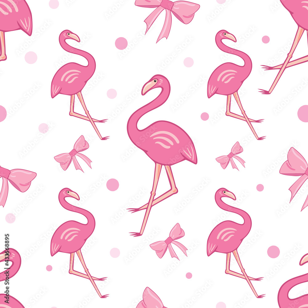 Obraz premium Seamless pattern of pink flamingos, ribbons, balloons. Vector