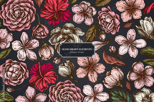 Floral design on dark background with hibiscus, plum flowers, peach flowers, sakura flowers, magnolia flowers, camellia japonica