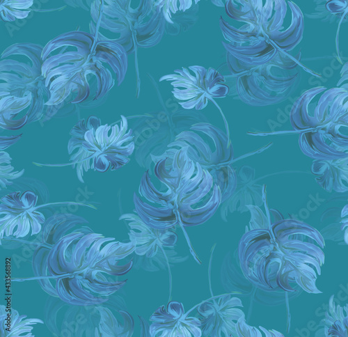 Seamless pattern with painted leaves of tropical plants. Grass and trees botanical style. Herbs in a trending background. Print for textiles and paper