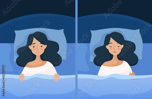 Sleep and sleepless girl with insomnia. Woman in bed with open eyes in darkness night room. Flat cartoon style vector illustration. 