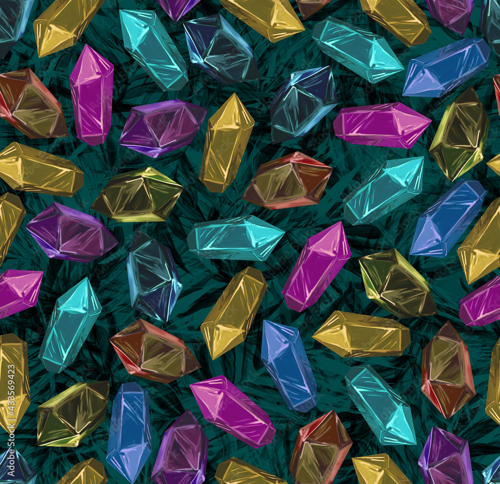 Seamless pattern with drawn crystals of different minerals. Scattered gems. in a trending background. Print for textiles and paper. Quartz, emerald, amber, sapphire, ruby, aquamarine, amethyst, opal