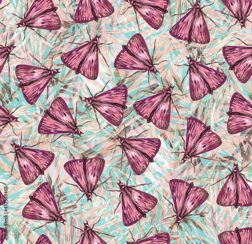 Seamless pattern with painted insects with wings. butterflies and moths living on grass and trees. Animals in a trending background. Print for textiles and paper