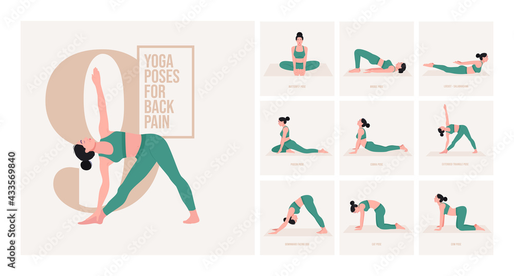 yoga poses for Back pain. Young woman practicing Yoga pose. Woman workout fitness, aerobic and exercises. Vector Illustration.