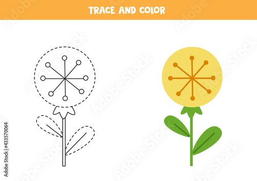 Trace and color cute dandelion flower. Worksheet for kids.