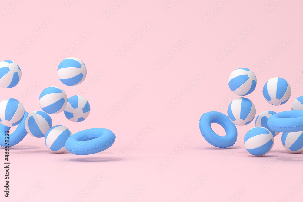 Minimal scene of inflatable ring with rubber ball on pink background, Summer concept, 3D rendering.