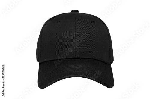 Baseball cap color black close-up of front view on white background 