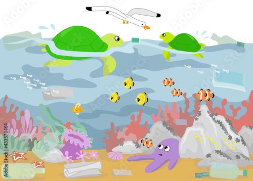 Sad turtles and fishes in polluted water, vector illustration