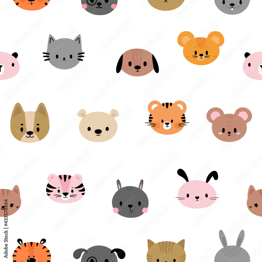 Seamless childish pattern with cute smiley animal faces. Creative baby texture for fabric, nursery, textile, clothes. Flat design