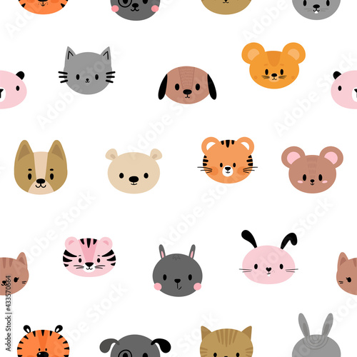 Fototapeta Naklejka Na Ścianę i Meble -  Seamless childish pattern with cute smiley animal faces. Creative baby texture for fabric, nursery, textile, clothes. Flat design