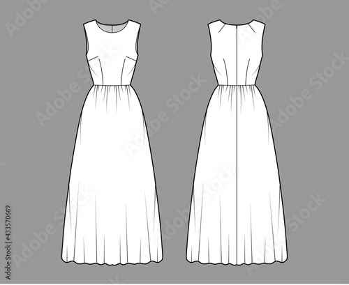 Dress long technical fashion illustration with sleeveless, fitted body, floor length full skirt. Flat apparel front, back, white color style. Women, men unisex CAD mockup