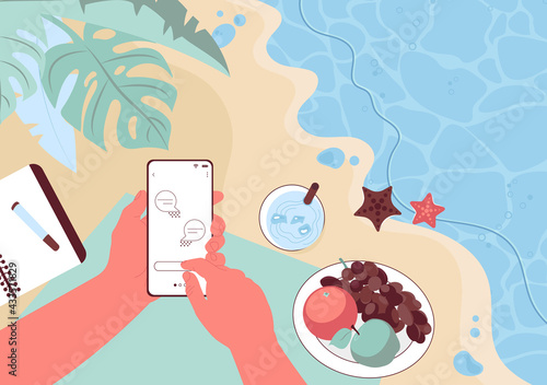 Male hand hold smartphone with message on screen. Touch screen gadget in guy arm, who rests on the beach by the sea. Vector Illustration