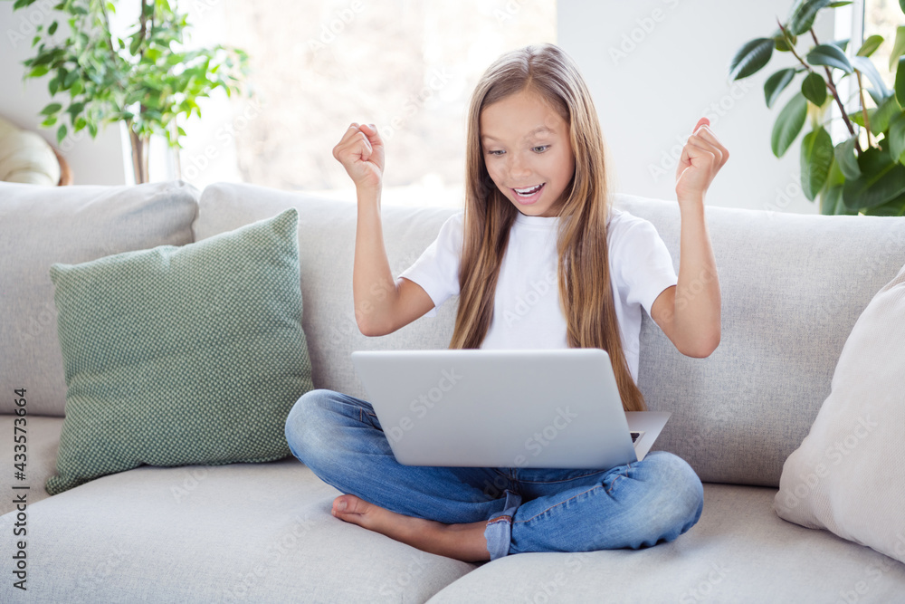Photo of happy excited good mood crazy cheerful girl raise fists in victory browsing in laptop sit sofa at home house Photo of happy excited good mood crazy cheerful girl raise fists in victory browsing in laptop sit sofa at home house