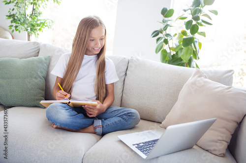 Photo of happy good mood cheerful beautiful girl sit sofa writing in notebook distance studying at home house