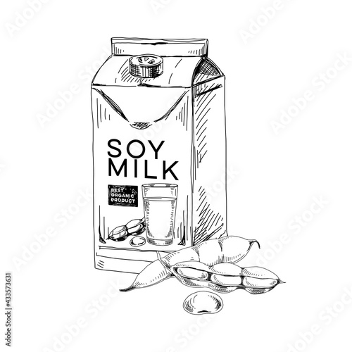 Soy milk package, retro hand drawn vector illustration.