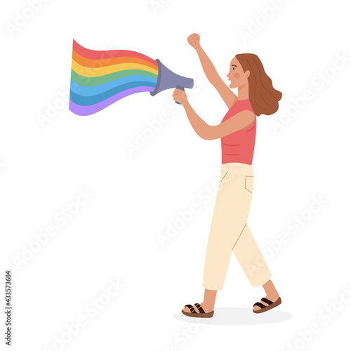 LGTB activist holding megaphone or loudspeaker with rainbow colors at pride parade. Lesbian Queer Girl walking at protest for equal rights. Sexual diversity. Vector flat character on white background.