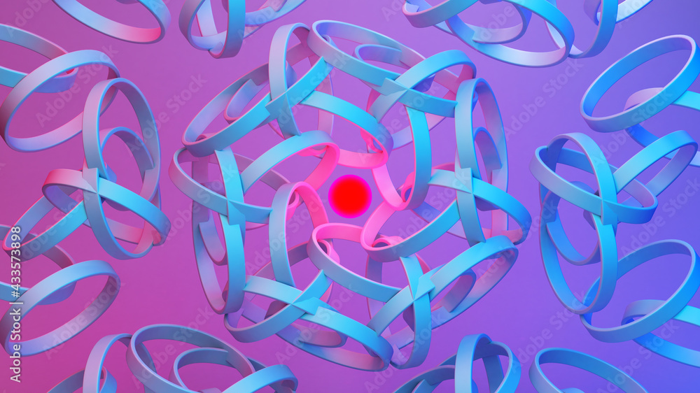 Scientific or technology abstractions with rings ornament flying in surreal symmetric structure around the red light orb. Abstract background with purple and blue fluorescent and vibrant tech Scientific or technology abstractions with rings ornament flying in surreal symmetric structure around the red light orb. Abstract background with purple and blue fluorescent and vibrant tech