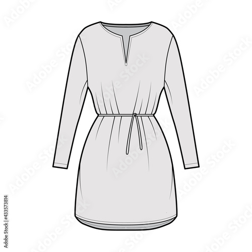 Dress tunic technical fashion illustration with tie, long sleeves, oversized body, mini length skirt, slashed neck. Flat apparel front, grey color style. Women, men CAD mockup